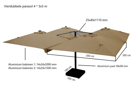 Vierdubbele zweefparasol | 4 doeken van 3x3m | Zandkleurig