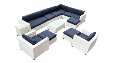 Loungeset 12-delig White wicker / blauwe kussens