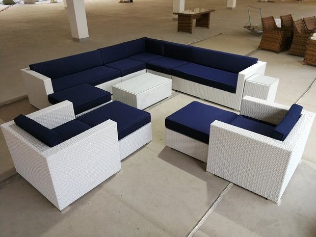 Loungeset HAVANA | 12-delig | Wicker | Wit + blauw