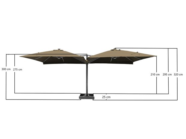 Vierdubbele zweefparasol | 4 doeken van 3x3m | Zandkleurig