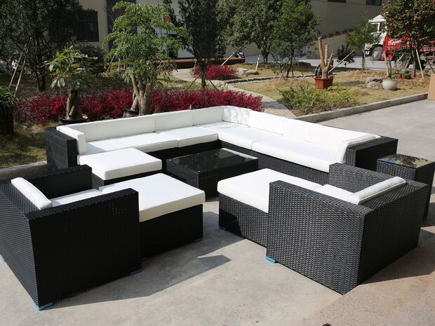 Loungeset HAVANA | 12-delig | Wicker | 12-delig | Zwart + zandkleurige kussens