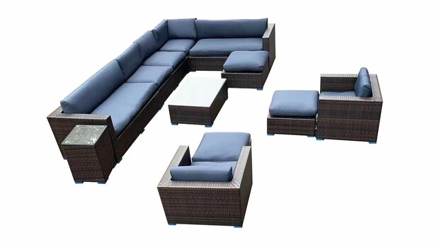 Loungeset HAVANA | 12-delig | Wicker | Bruin + blauwe kussens