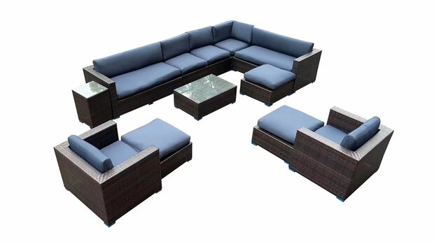 Loungeset HAVANA | 12-delig | Wicker | Bruin + blauwe kussens